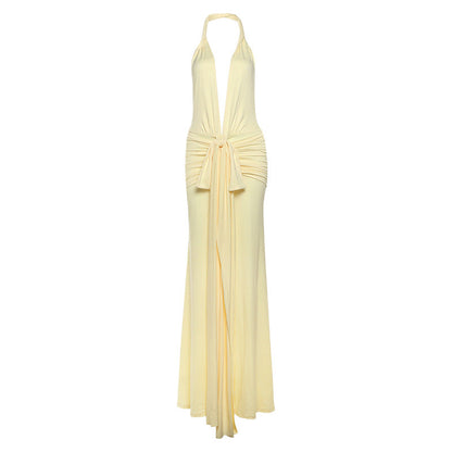 Women Autumn Winter Women Sexy Backless Halter Deep V Plunge neck Solid Color Split Dress Women