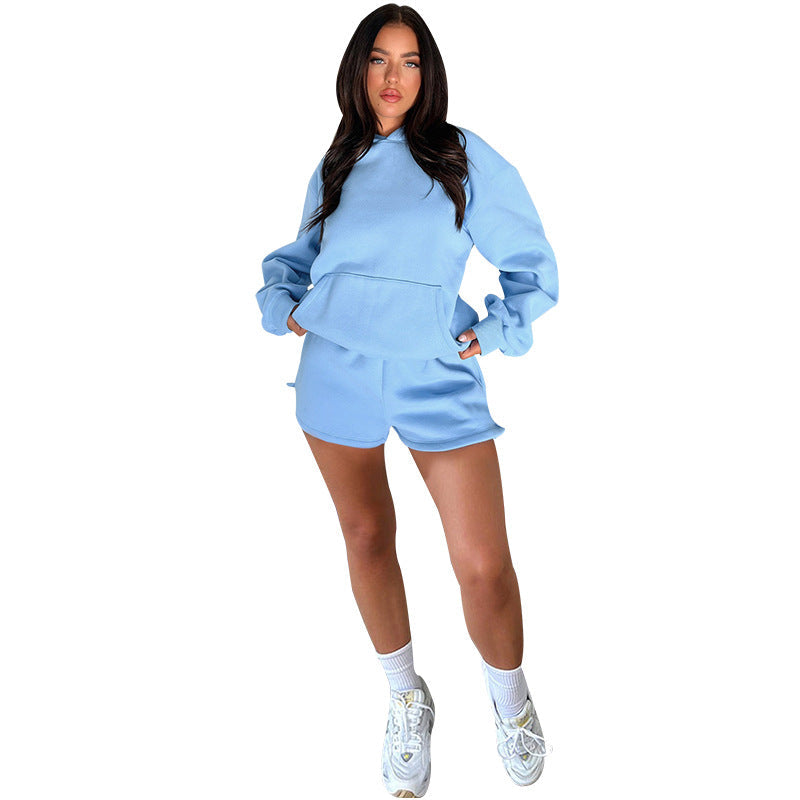 Suéteres con capucha de manga larga de color liso para otoño e invierno, ropa para mujer, conjuntos de dos piezas con pantalones cortos casuales
