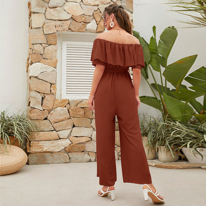 Pantalones anchos de pierna con cordones y mangas con volantes y hombros descubiertos para mujer
