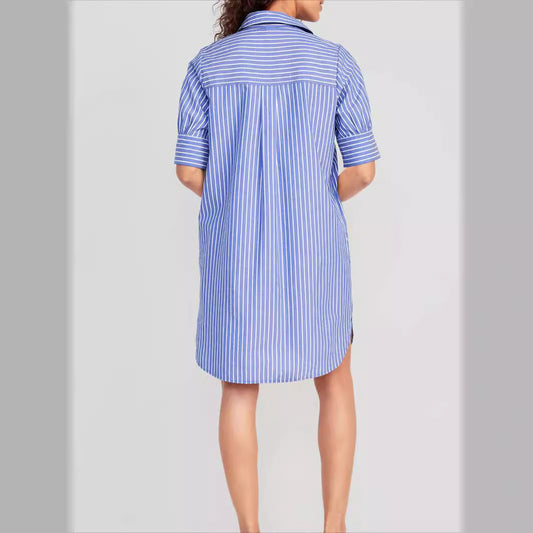 Vestido de oficina informal de una sola botonadura con bolsillos a rayas para primavera y verano para mujer