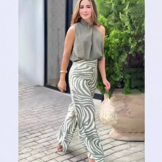 Conjunto de dos piezas de top y pantalón ancho con estampado de cebra y cuello halter sin mangas de verano para mujer