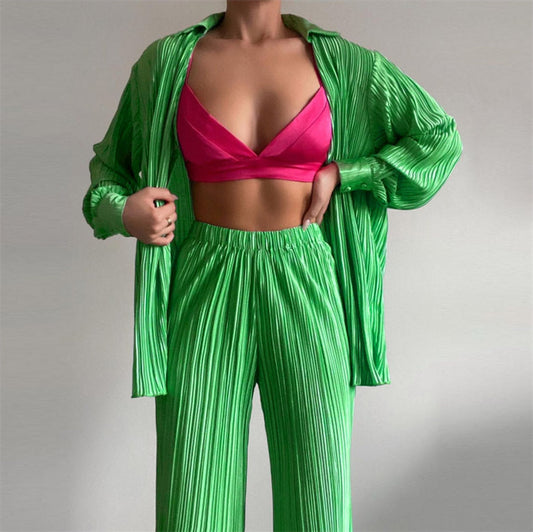 Traje sexy de verano para mujer, ropa plisada de manga larga con cuello en V, camisa y pantalones casuales, conjunto de dos piezas