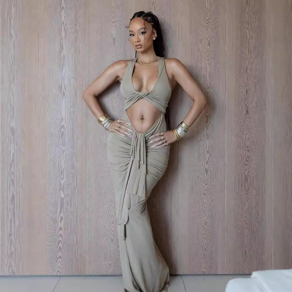 Vestido sexy con aberturas y encaje para mujer, vestido plisado con cuello halter, sin mangas y cola de pez