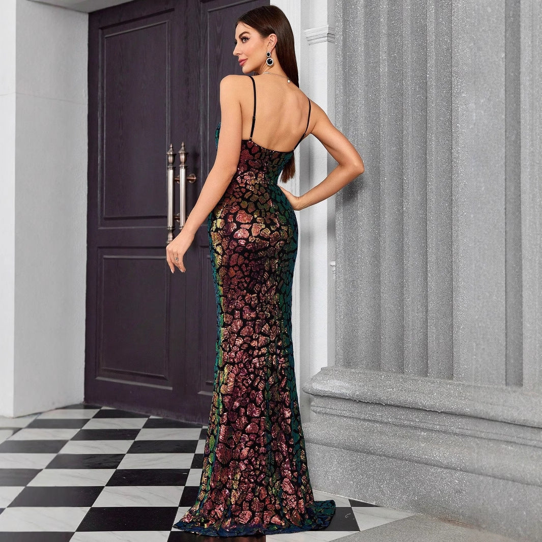 Vestido de noche con escote en V y tirantes, vestido elegante de cola de pez para fiesta anual, vestido formal para anfitriona de fiesta para mujer