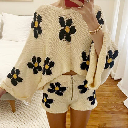 Ropa de mujer, pantalones cortos de lana de manga larga con estampado floral, ropa de casa de dos piezas