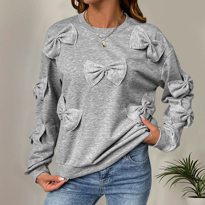 Sudadera informal de otoño con cuello redondo y costuras de lazo en gris