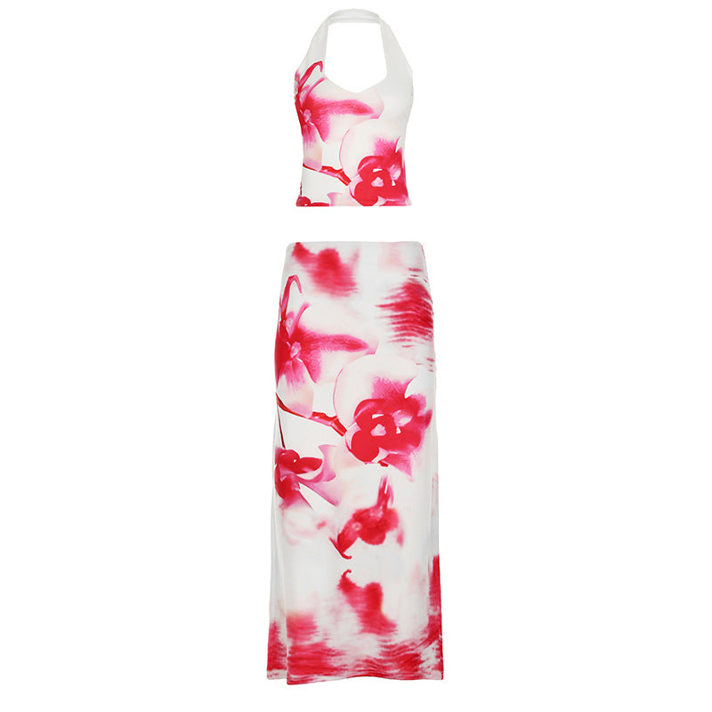 Conjunto de dos piezas formado por falda ajustada y bandeau, sexy, con estampado de verano para mujer