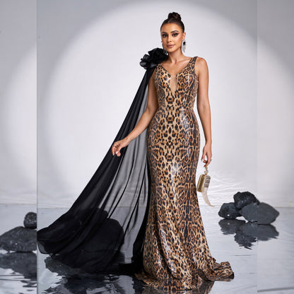 Vestido de noche elegante de alta gama sin mangas con escote en V y lentejuelas largas con cola de pez para dama de honor
