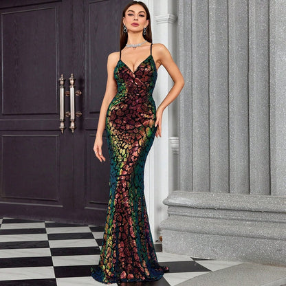 Vestido de noche con escote en V y tirantes, vestido elegante de cola de pez para fiesta anual, vestido formal para anfitriona de fiesta para mujer