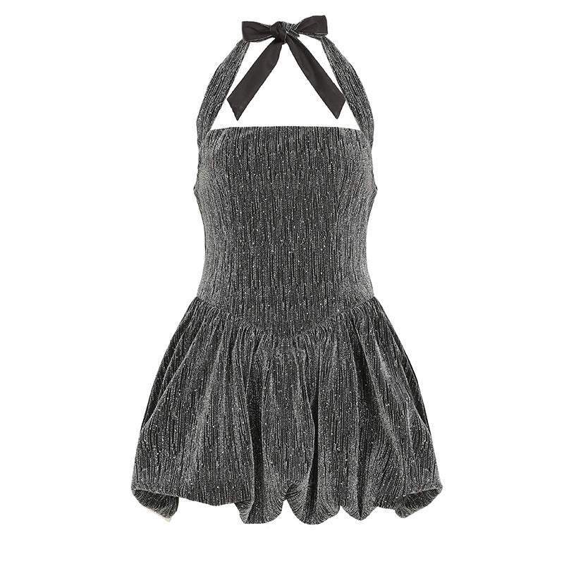 Vestido de seda brillante, fino y brillante, con cuello halter, top de tubo, cintura ceñida, corte A, vestido abullonado