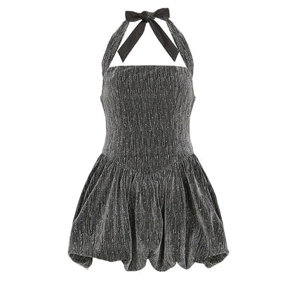 Vestido de seda brillante, fino y brillante, con cuello halter, top de tubo, cintura ceñida, corte A, vestido abullonado