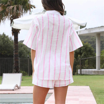 Camisa de manga corta con estampado de rayas para primavera y verano, traje informal de playa de dos piezas para mujer