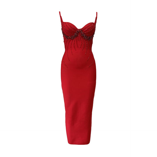 Sexy V neck Bead Diamond Strap Bandage Dress Ladies Party Annual Meeting Dress
