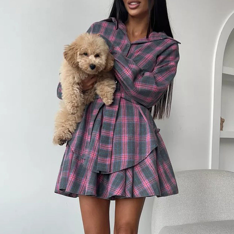 Casual Check Skirt Set Women Collared Loose Shirt Lace up Pleated Skirt Two Piece Set