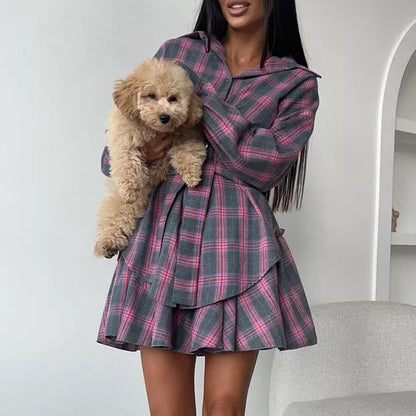 Casual Check Skirt Set Women Collared Loose Shirt Lace up Pleated Skirt Two Piece Set
