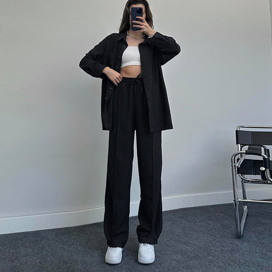 Traje de mujer Otoño Invierno Camisa de manga larga plisada Pantalones de cintura elástica Conjunto elegante de dos piezas