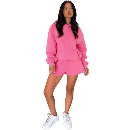 Suéteres con capucha de manga larga de color liso para otoño e invierno, ropa para mujer, conjuntos de dos piezas con pantalones cortos casuales