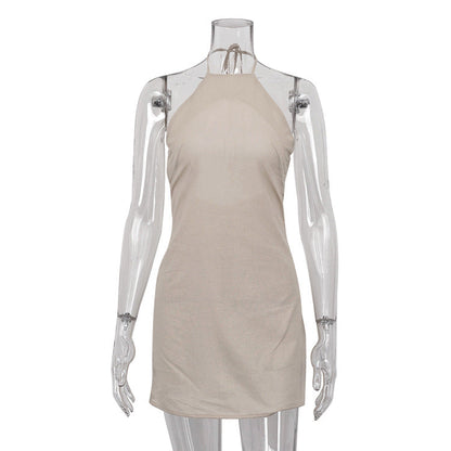 Vestido de verano de lino y algodón para mujer, sexy, sin espalda, con cuello halter y cordones.