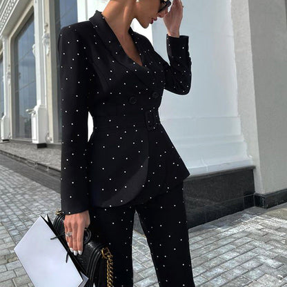 Black Polka Dot Long Sleeve Blazer Two Piece Set Women Clothing