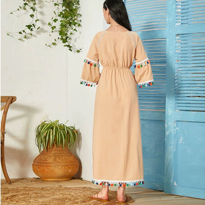Vestido largo informal de cintura alta con cuello redondo y borlas para mujer