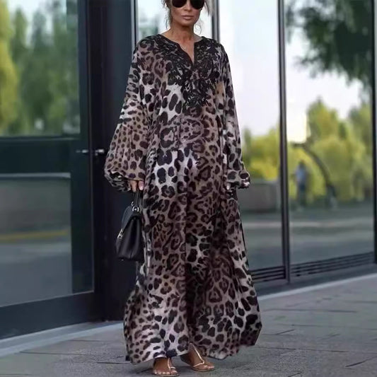 Vestido holgado de manga larga con estampado de leopardo de otoño