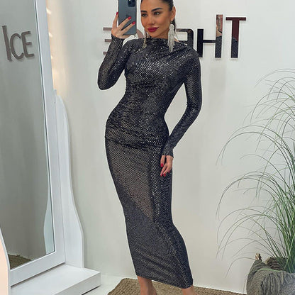 Vestido ajustado de manga larga, sexy, ajustado y elegante con diseño de lentejuelas para mujer