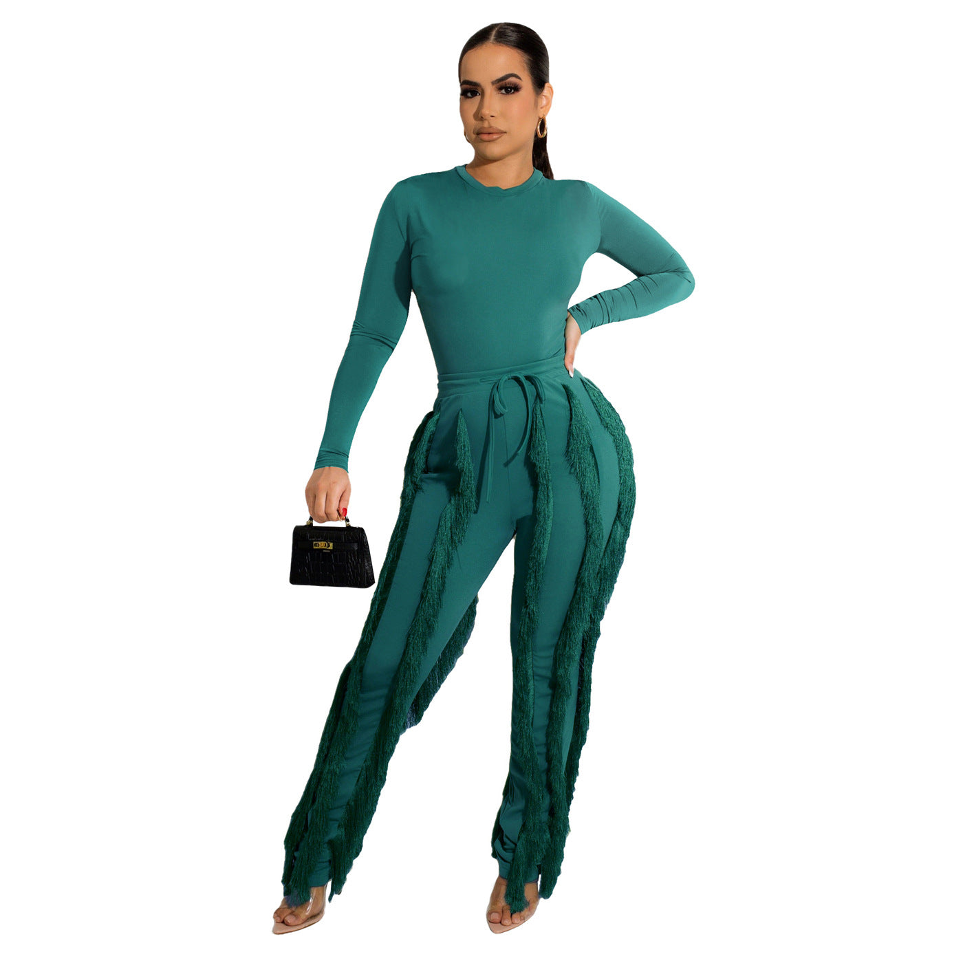 Conjunto de dos piezas formado por mono y pantalón de encaje con borlas para mujer, color liso, deportivo, para otoño e invierno
