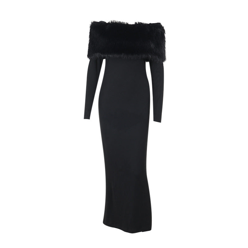 Vestido largo de otoño elegante con hombros descubiertos y cuello de piel ajustado para mujer