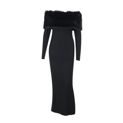 Vestido largo de otoño elegante con hombros descubiertos y cuello de piel ajustado para mujer