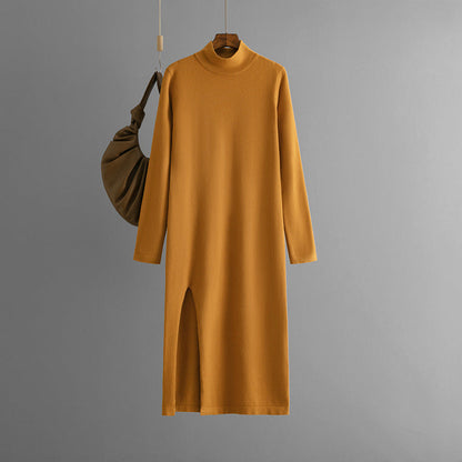 Vestido de punto de cuello alto para mujer, otoño e invierno, color liso, con abertura, manga larga, pantalones de fondo, ropa interior, vestido de lana