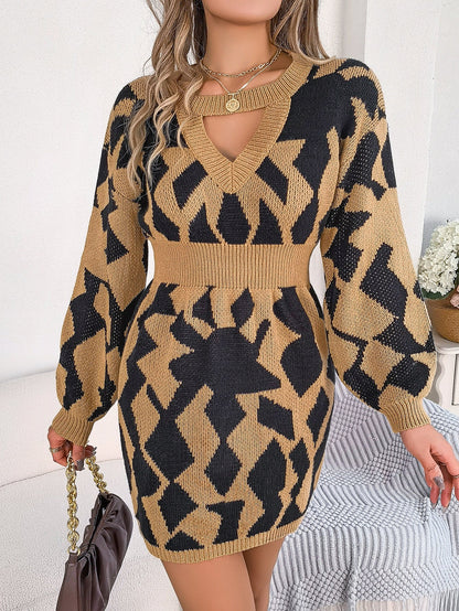 Vestido tipo suéter ajustado con mangas abullonadas y corte a juego de colores para otoño e invierno, ropa informal para mujer