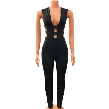 Mono ajustado sin mangas con cuello en V sexy con costuras ahuecadas para mujer Otoño Invierno