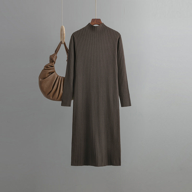 Vestido de punto para mujer, otoño-invierno, cuello alto, largo medio, suéter elegante por encima de la rodilla