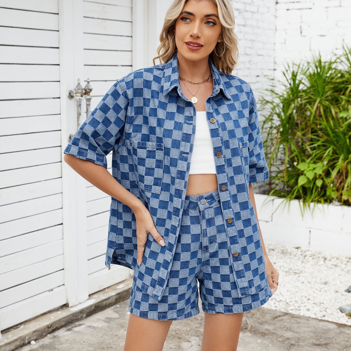 Conjuntos de camisa vaquera holgada informal de manga corta con lavado fino de verano para mujer