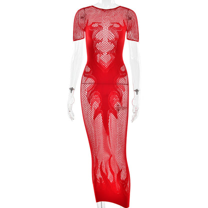 Sexy Cutout See through Tight Dress Sexy Flame Details Fishnet round Neck Dress
