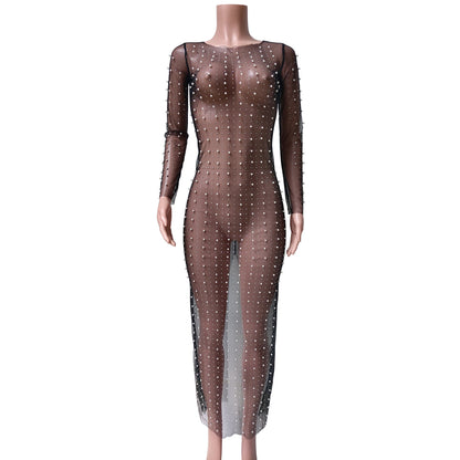 Vestido playero sexy de malla con mangas largas y efecto burbuja de diamante transparente