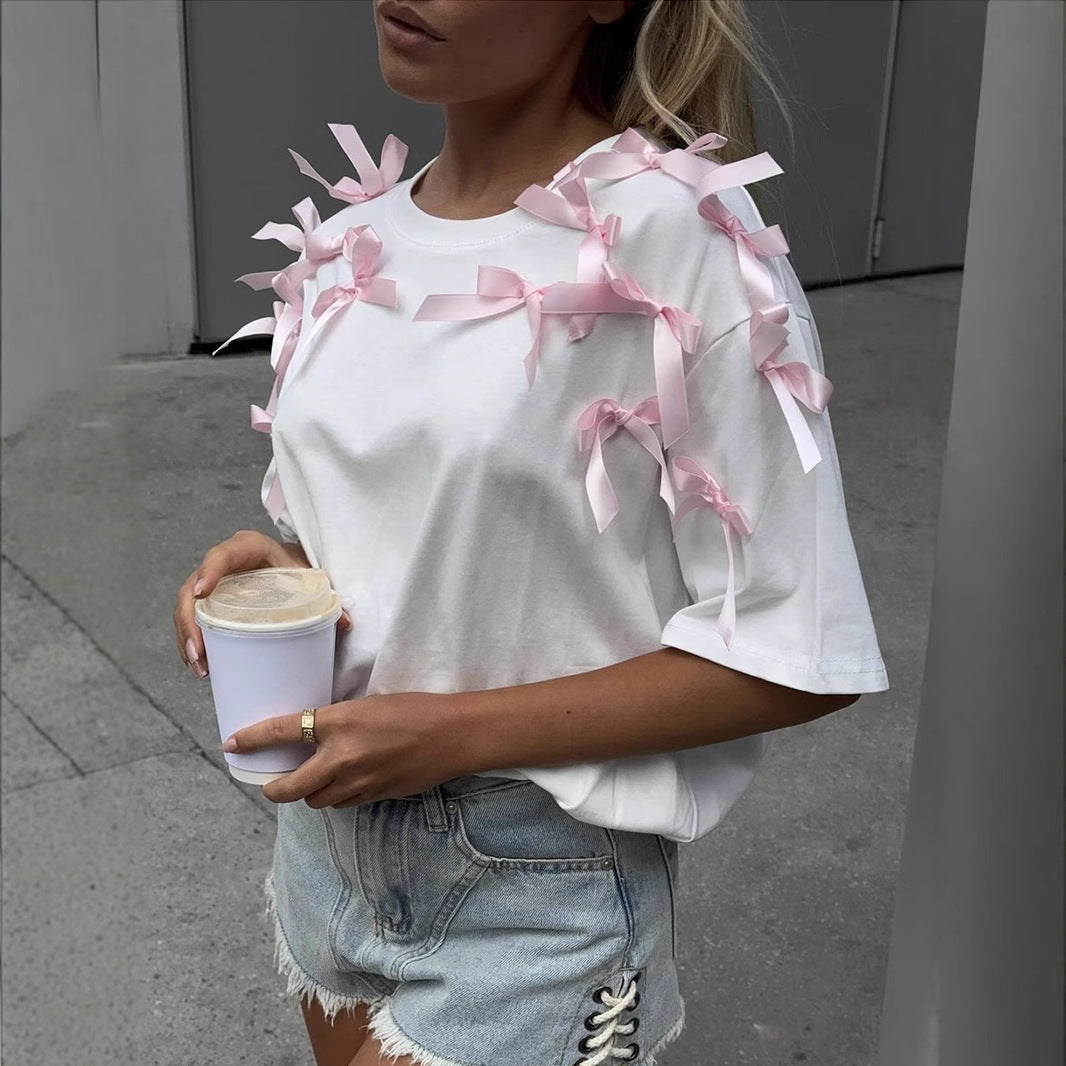 Camiseta holgada de manga corta con lazo de cinta para niña, top informal de algodón holgado