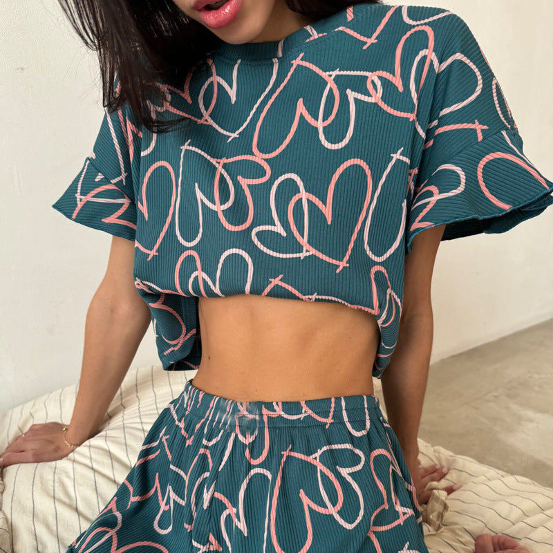 Conjunto de pijama de dos piezas con estampado informal de verano para mujer, manga corta con volantes y cuello redondo