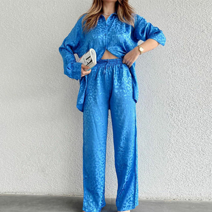 Conjunto de dos piezas formado por camisa de manga larga y pantalón holgado con cintura elástica y estampado de leopardo para mujer, primavera y otoño