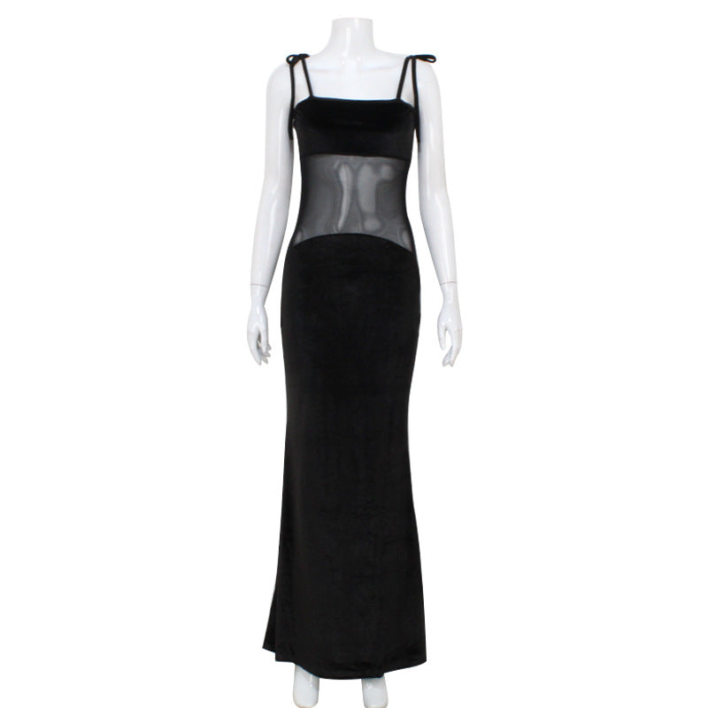 Vestido elegante y ajustado con tirantes finos y costuras de malla de corte bajo sexy para mujer