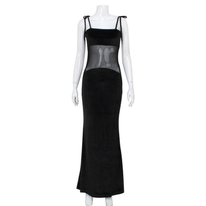 Vestido elegante y ajustado con tirantes finos y costuras de malla de corte bajo sexy para mujer