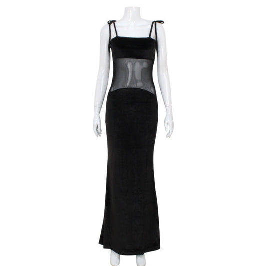 Women Sexy Low Cut Mesh Stitching See through Sling Dress Elegant Slim Dress Women