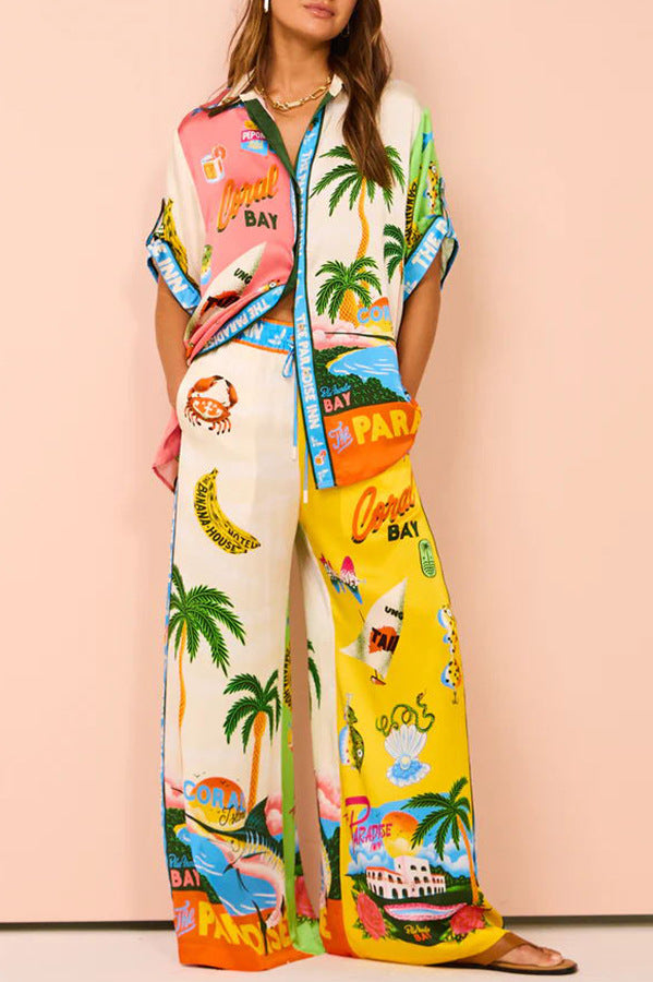 Traje informal de dos piezas con camisa y pantalones de cuello de manga corta de satén con estampado de grafiti