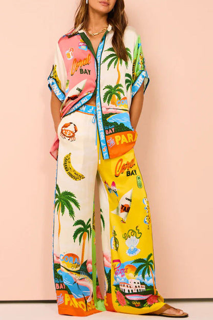 Traje informal de dos piezas con camisa y pantalones de cuello de manga corta de satén con estampado de grafiti