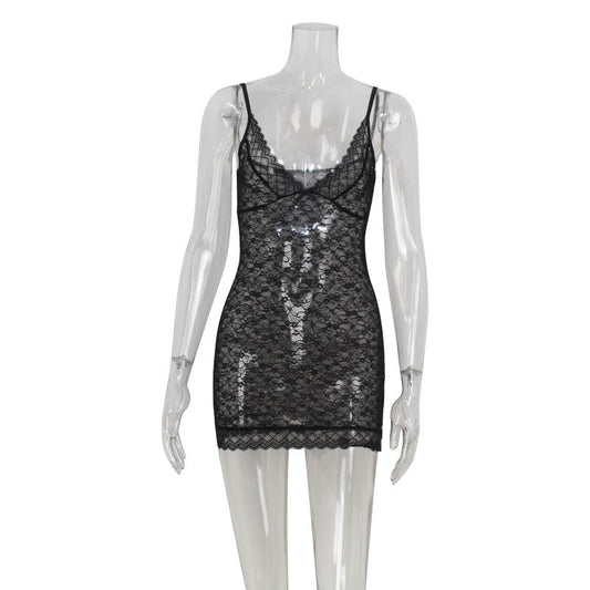 Women Clothing Sexy Low Cut Sling Lace See through Sexy Sheath Dress