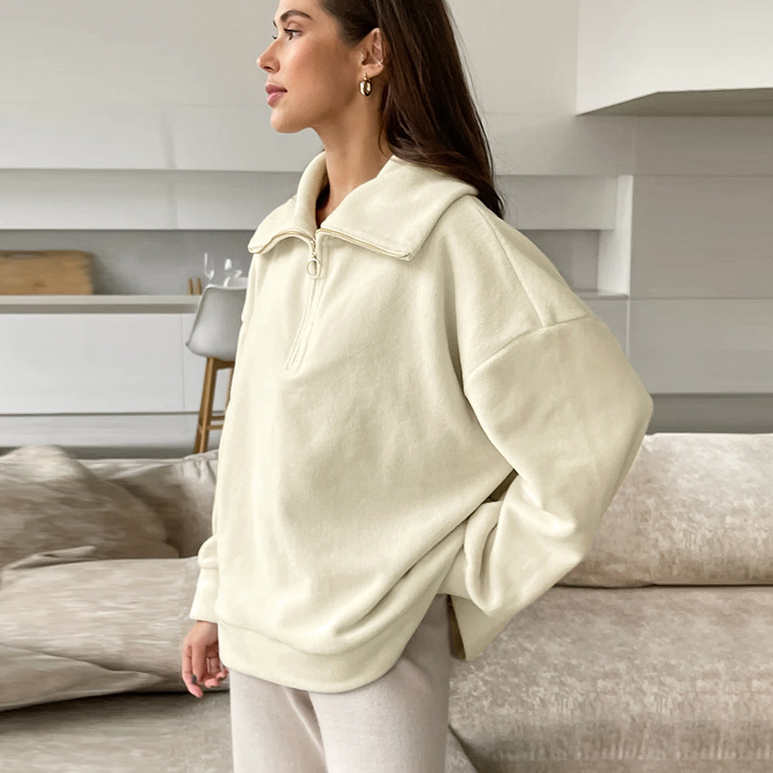 Suéter holgado informal de punto de cordero y cachemira beige para mujer, top deportivo con cuello a juego para otoño e invierno