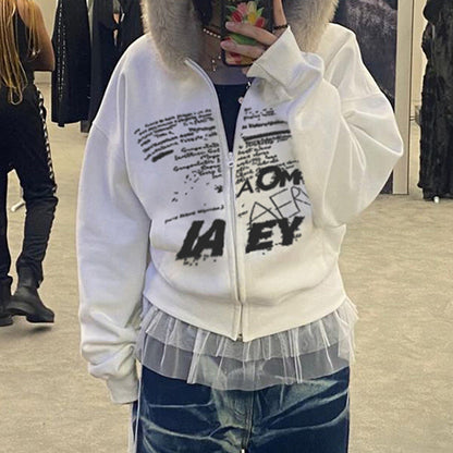 Cárdigan con capucha y costuras peludas con estampado gráfico de letras sencillas retro para otoño e invierno, sudadera térmica de terciopelo