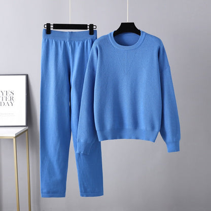 Conjunto de dos piezas de suéter holgado e informal para otoño e invierno, traje de punto de color liso para mujer
