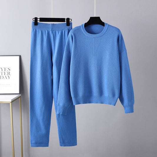 Conjunto de dos piezas de suéter holgado e informal para otoño e invierno, traje de punto de color liso para mujer