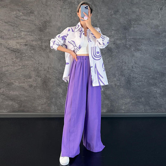 Conjunto de ropa informal para mujer, camisa estampada de manga larga, cintura alta, abertura y pantalones de pierna ancha.
